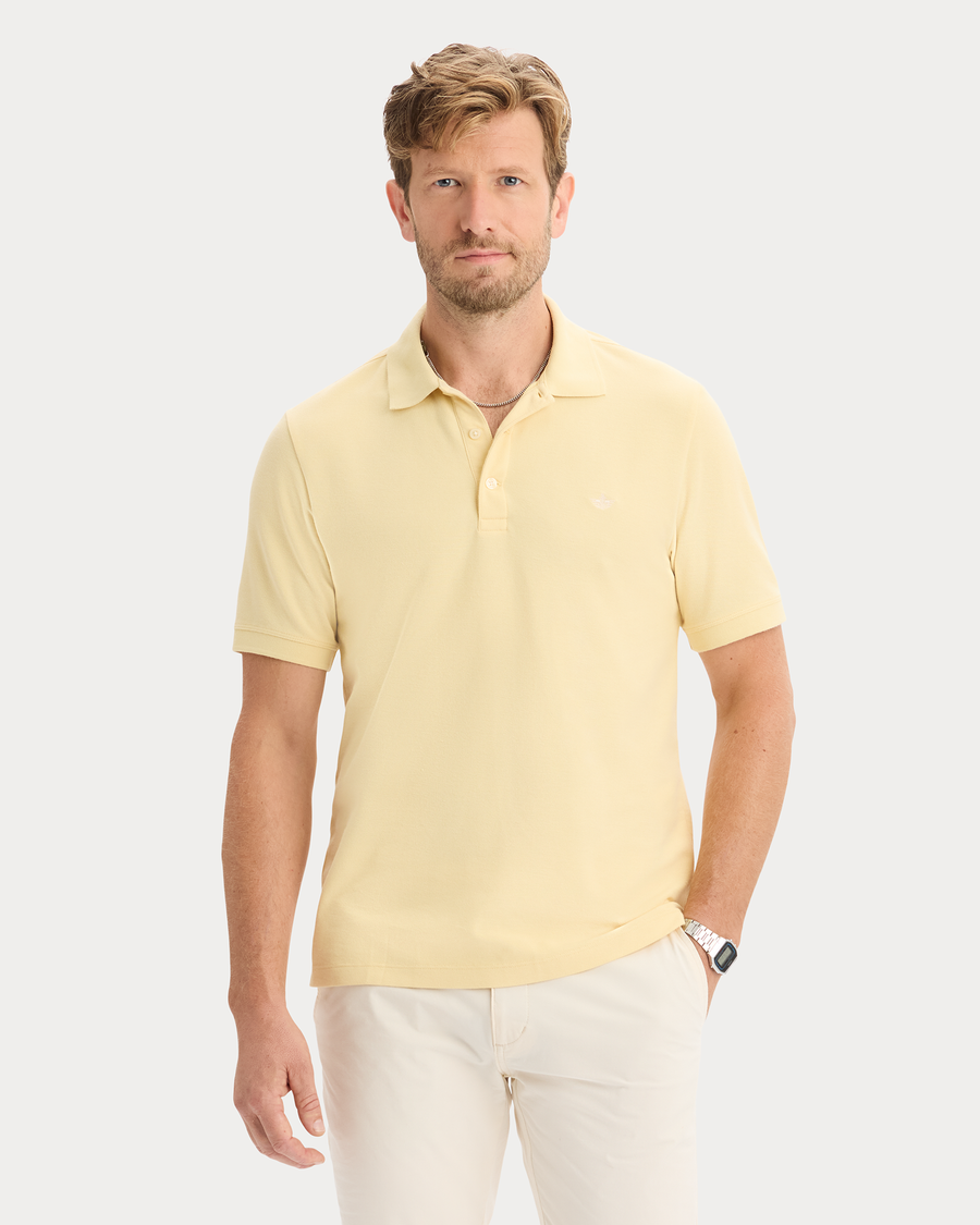 View of model wearing Italian Straw Original Polo, Slim Fit.