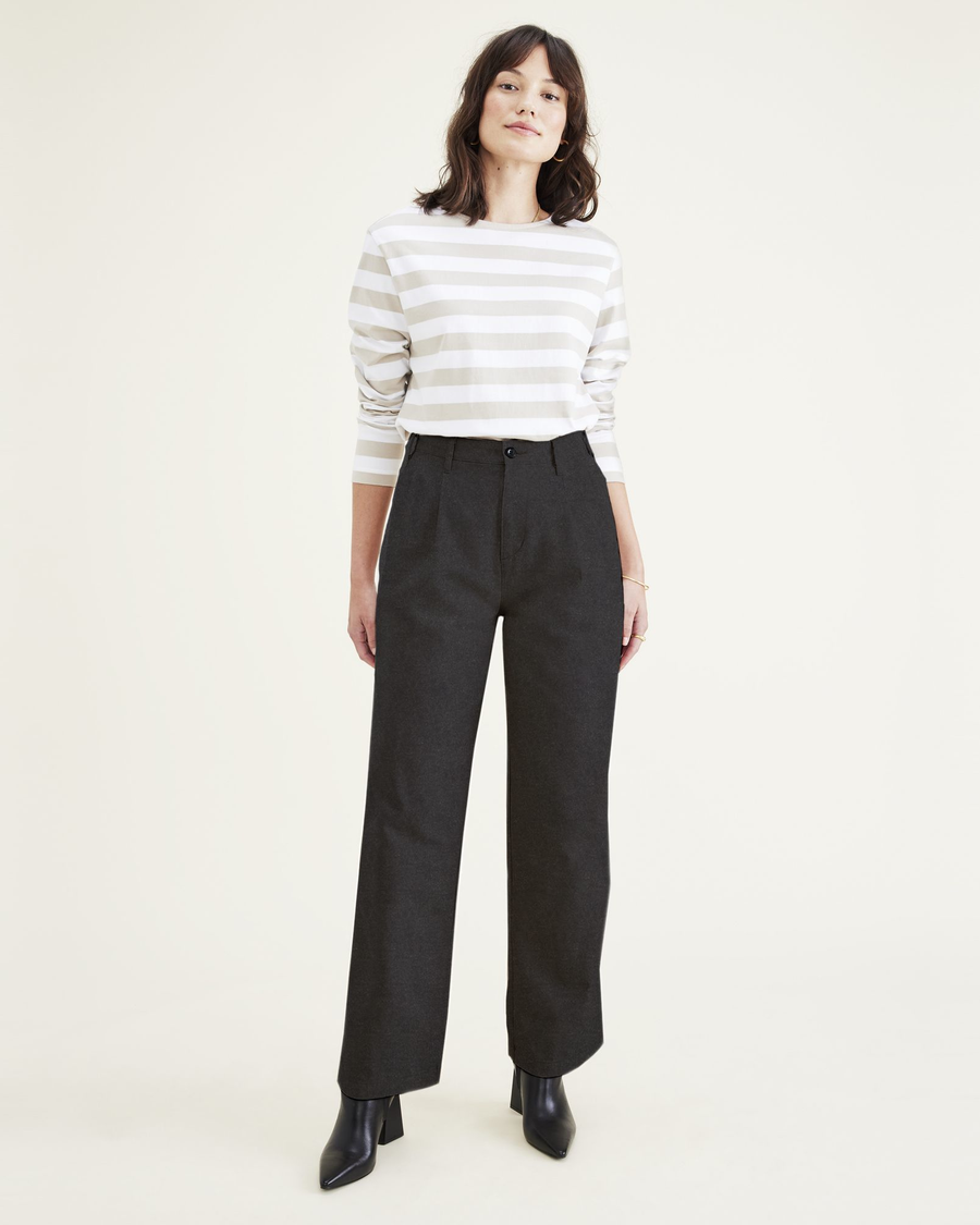 Front view of model wearing Jubilee Asphalt Women's Straight Fit Original Pleated High Wide Khaki Pants.