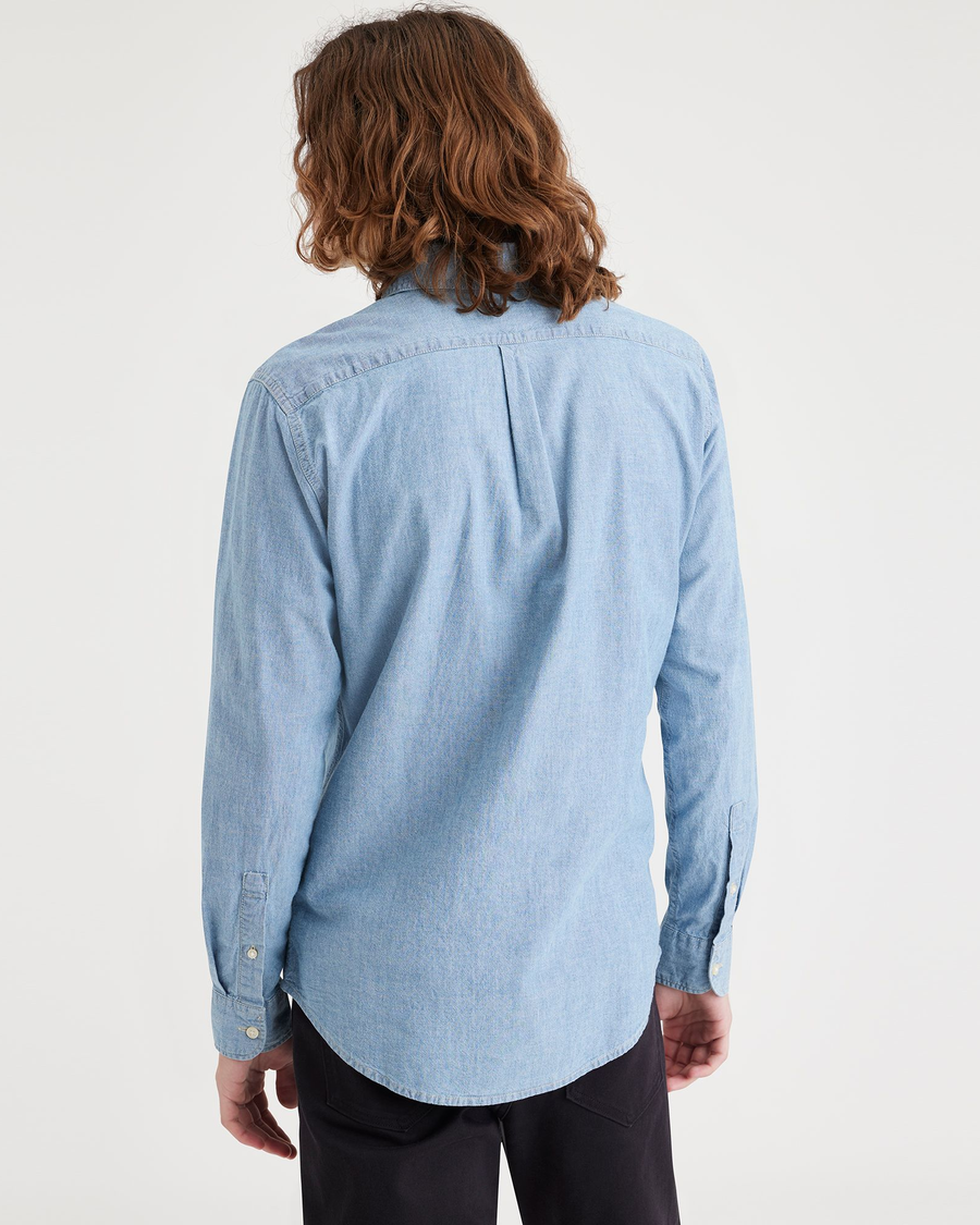 Back view of model wearing Lake Shasta Men's Slim Fit Icon Button Up Shirt.