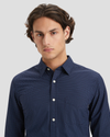 View of model wearing Laurel Navy Blazer Men's Slim Fit Icon Button Up Shirt.