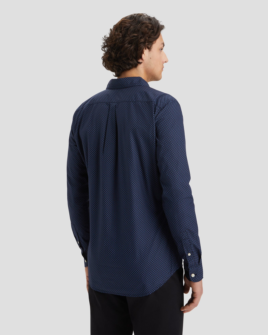 Back view of model wearing Laurel Navy Blazer Men's Slim Fit Icon Button Up Shirt.