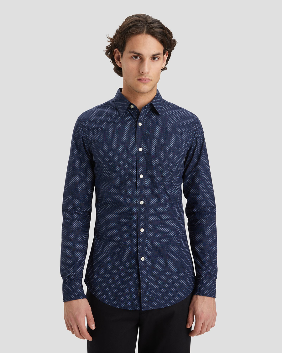 Front view of model wearing Laurel Navy Blazer Men's Slim Fit Icon Button Up Shirt.
