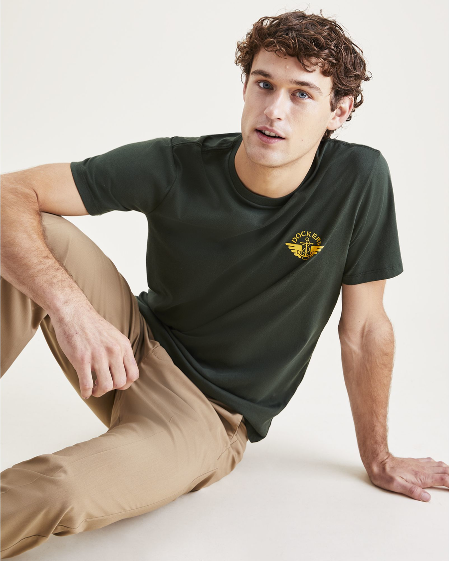 View of model wearing Lemon Curry Men's Slim Fit Logo Tee.