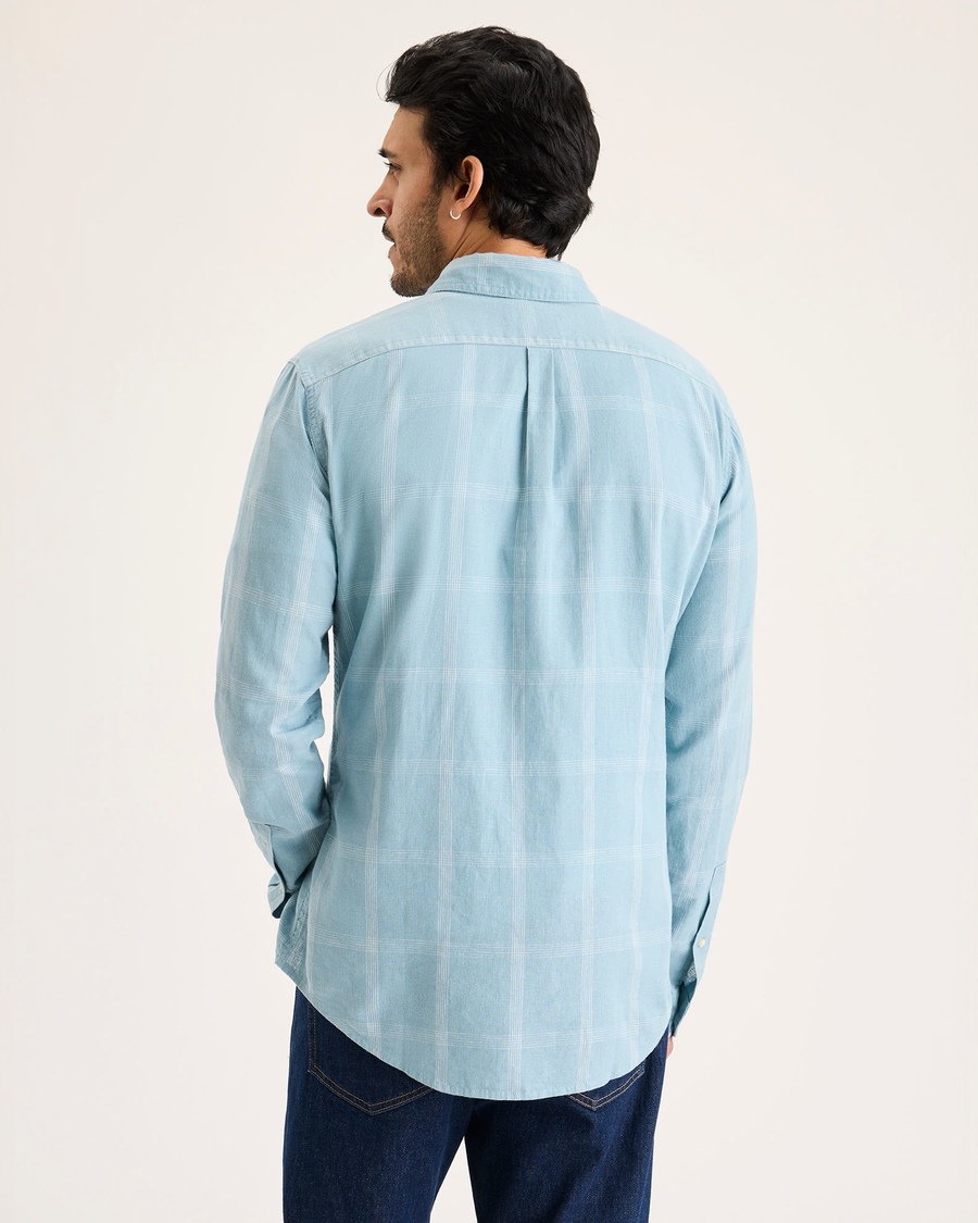 Back view of model wearing Lichen Men's Slim Fit Icon Button Up Shirt.