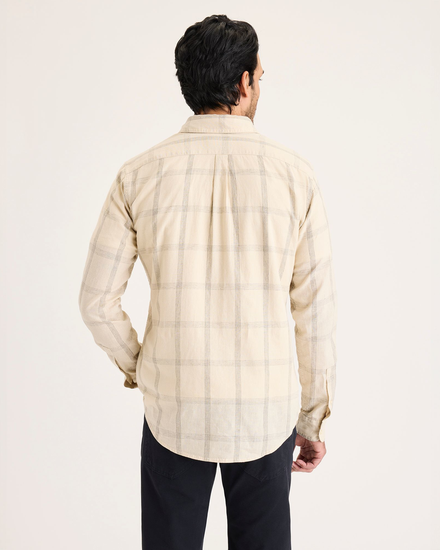 Back view of model wearing Lichen Men's Slim Fit Icon Button Up Shirt.