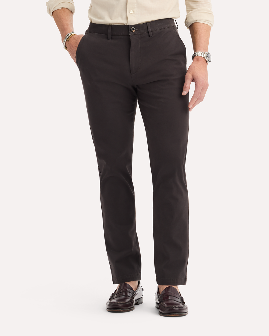 View of model wearing Licorice Crafted Khaki Pants, Slim Fit.
