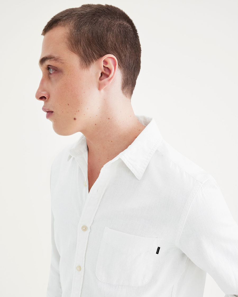 View of model wearing Light White Rigid Men's Slim Fit Icon Button Up Shirt.
