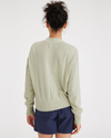 Back view of model wearing Lint Women's Relaxed Fit Cropped Cardigan Sweater.