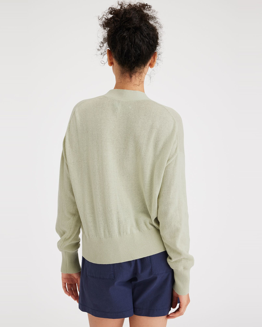 Back view of model wearing Lint Women's Relaxed Fit Cropped Cardigan Sweater.