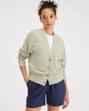 Front view of model wearing Lint Women's Relaxed Fit Cropped Cardigan Sweater.