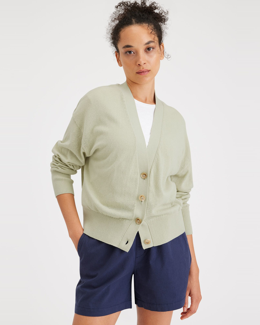 Front view of model wearing Lint Women's Relaxed Fit Cropped Cardigan Sweater.