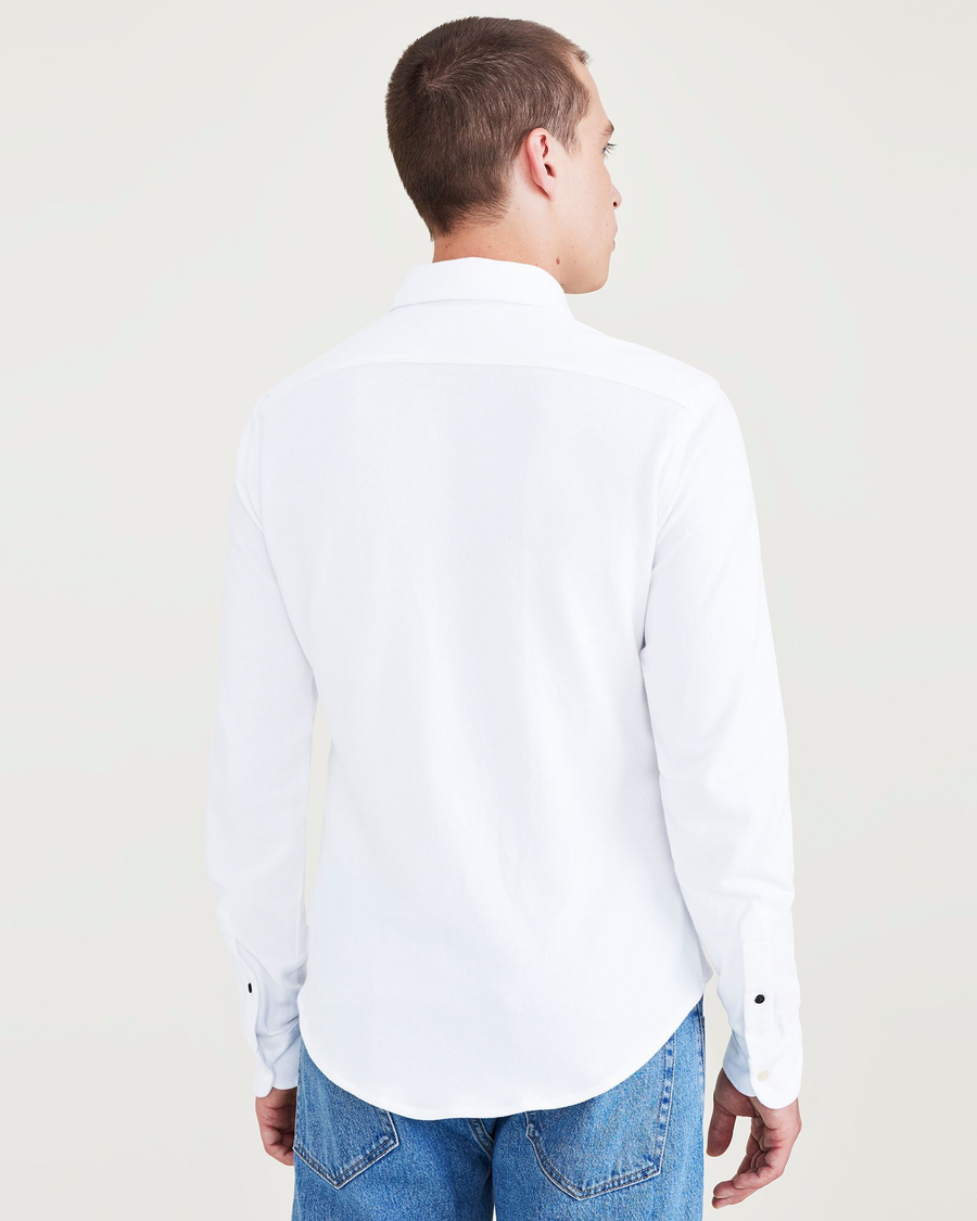 Back view of model wearing Lucent White Big and Tall Knit Button-Up Shirt.