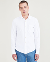 Front view of model wearing Lucent White Big and Tall Knit Button-Up Shirt.