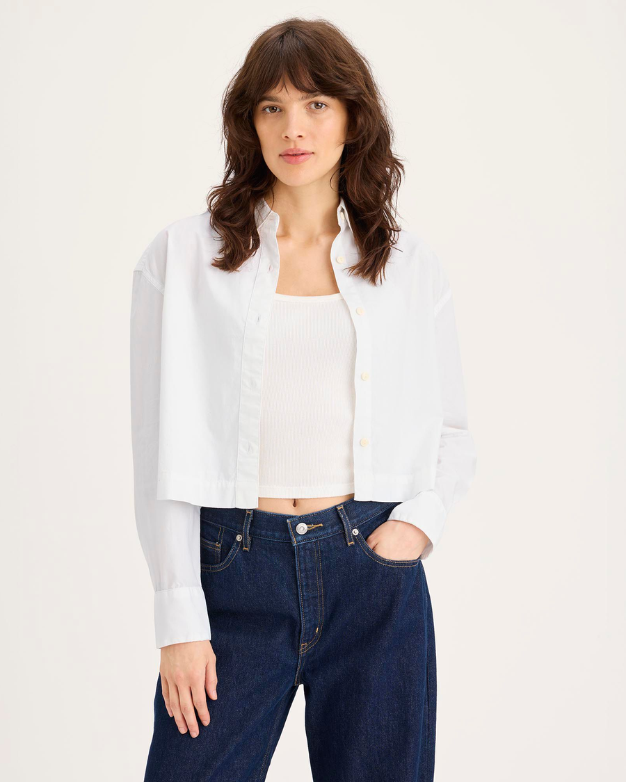 Front view of model wearing Lucent White Boxy Cropped Shirt, Relaxed Fit.