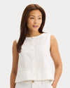 View of model wearing Lucent White Button-Front Tank, Regular Fit.