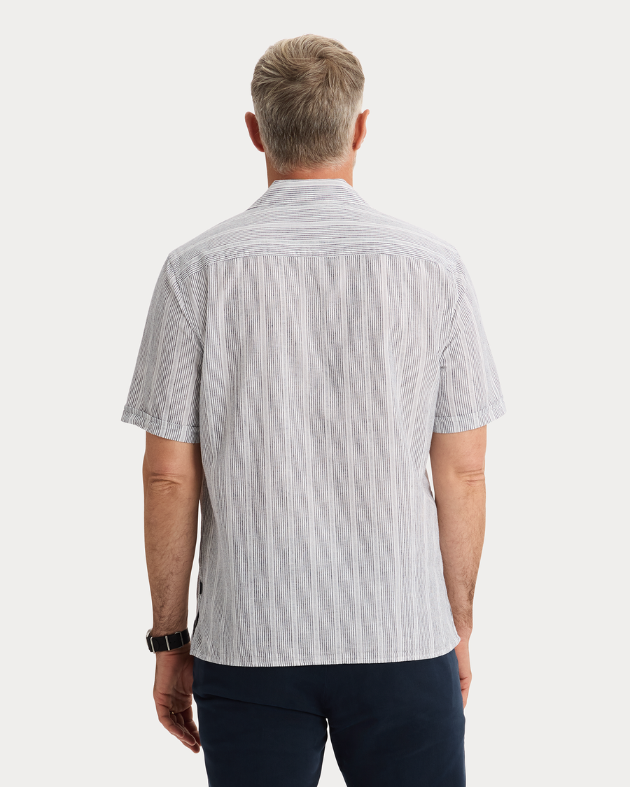 View of model wearing Lucent White Camp Shirt, Regular Fit.
