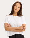 View of model wearing Lucent White Go Cropped Tee, Regular Fit.