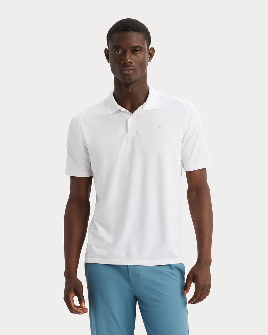 View of model wearing Lucent White Go Polo, Regular Fit.