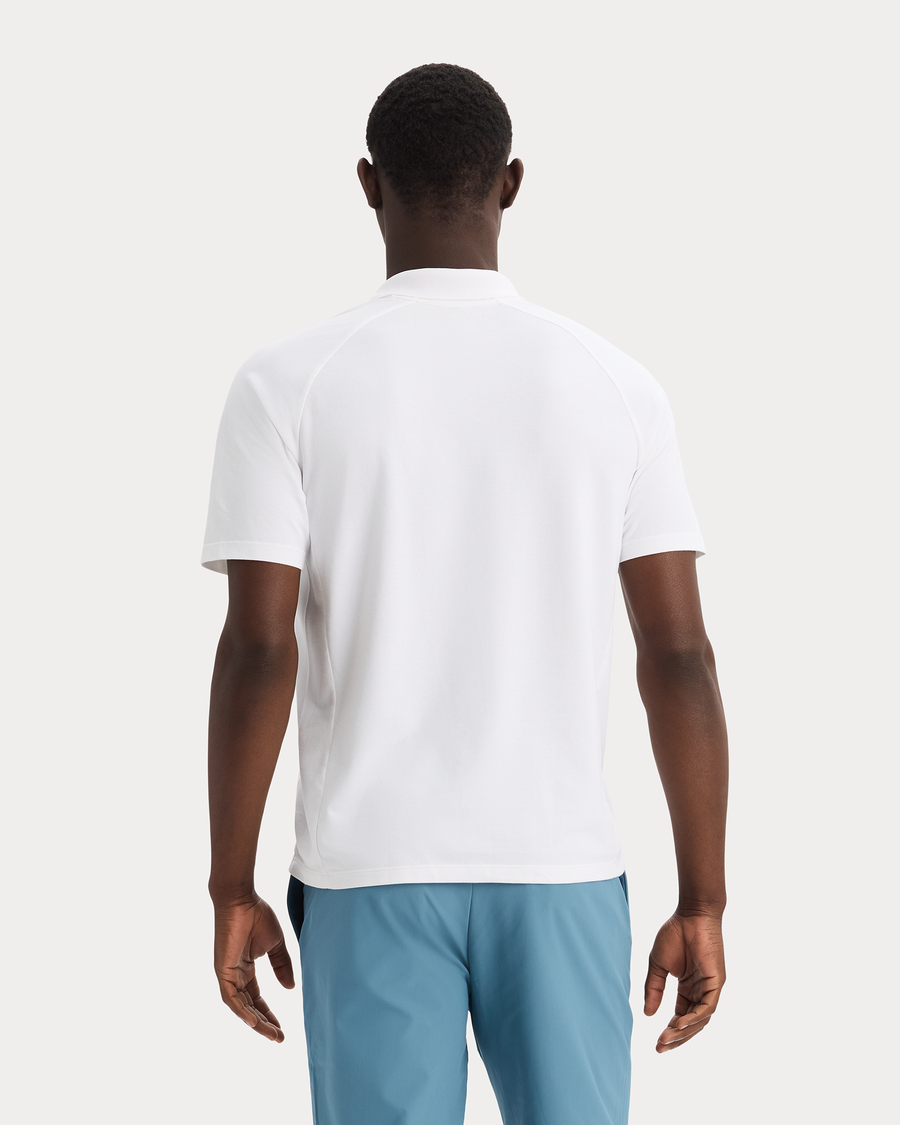 View of model wearing Lucent White Go Polo, Regular Fit.