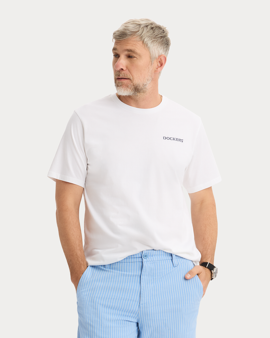 View of model wearing Lucent White Graphic Tee, Regular Fit.