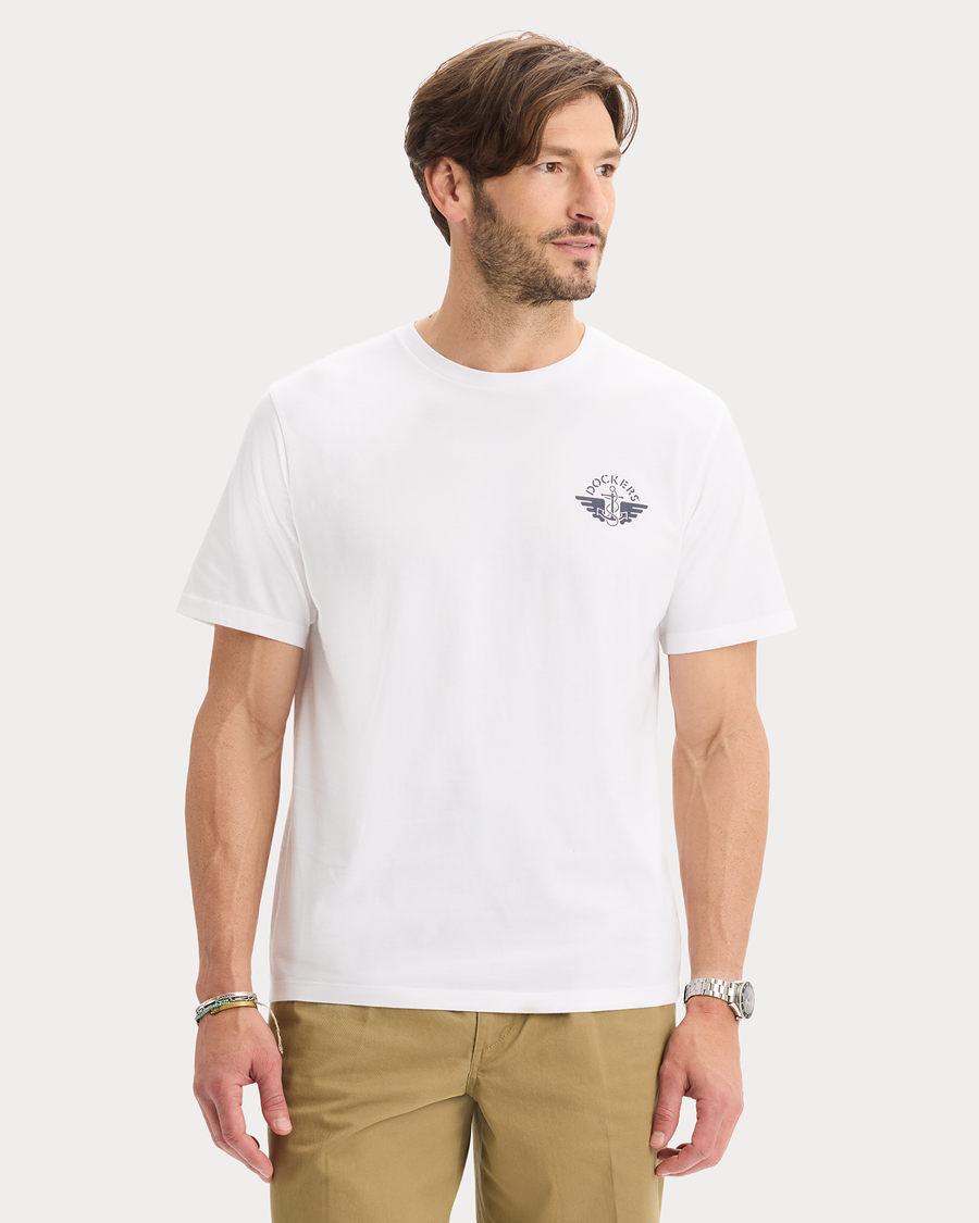 View of model wearing Lucent White Graphic Tee, Regular Fit.