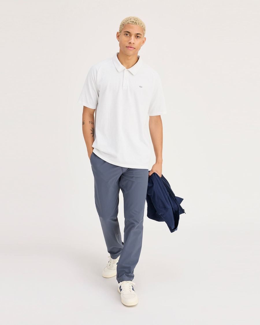 View of model wearing Lucent White Men's Regular Fit Go Polo.