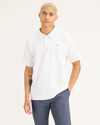 Front view of model wearing Lucent White Men's Regular Fit Go Polo.