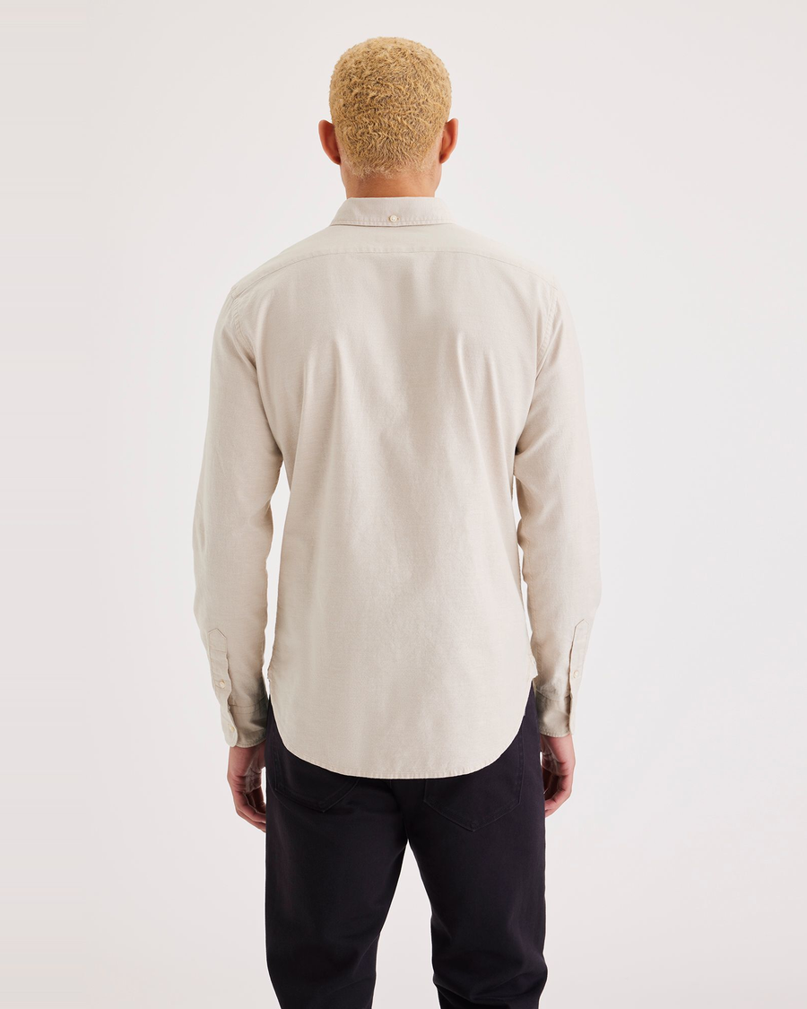 Back view of model wearing Lucent White Men's Slim Fit 2 Button Collar Shirt.