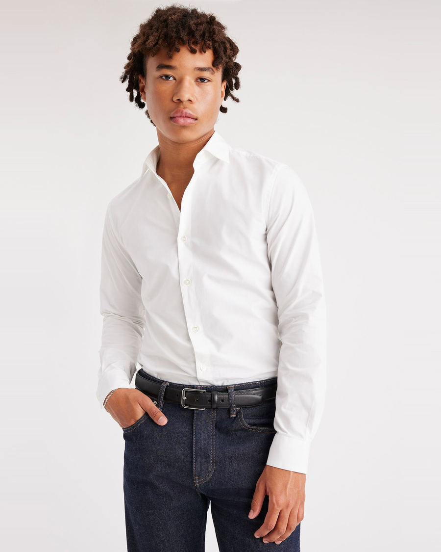 View of model wearing Lucent White Men's Slim Fit Crafted Shirt.