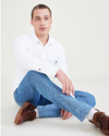 View of model wearing Lucent White Men's Slim Fit Knit Button-Up Shirt.