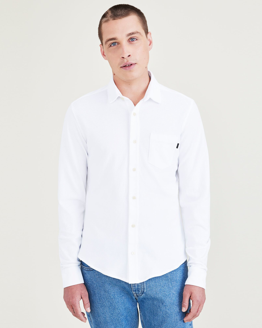 Front view of model wearing Lucent White Men's Slim Fit Knit Button-Up Shirt.