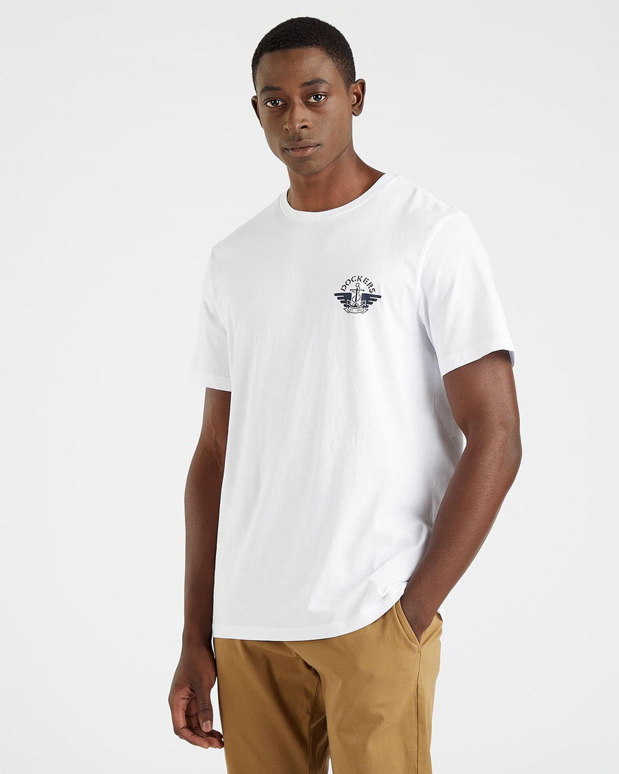 Front view of model wearing Lucent White Men's Slim Fit Logo Tee.