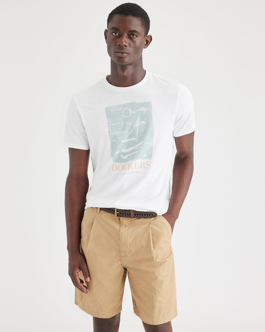 Front view of model wearing Lucent White Men's Slim Fit Logo Tee.