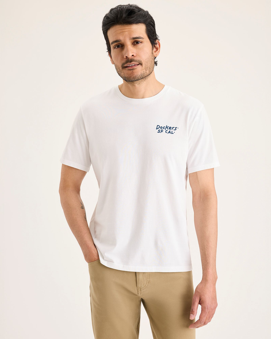 Front view of model wearing Lucent White Men's Slim Fit Logo Tee.