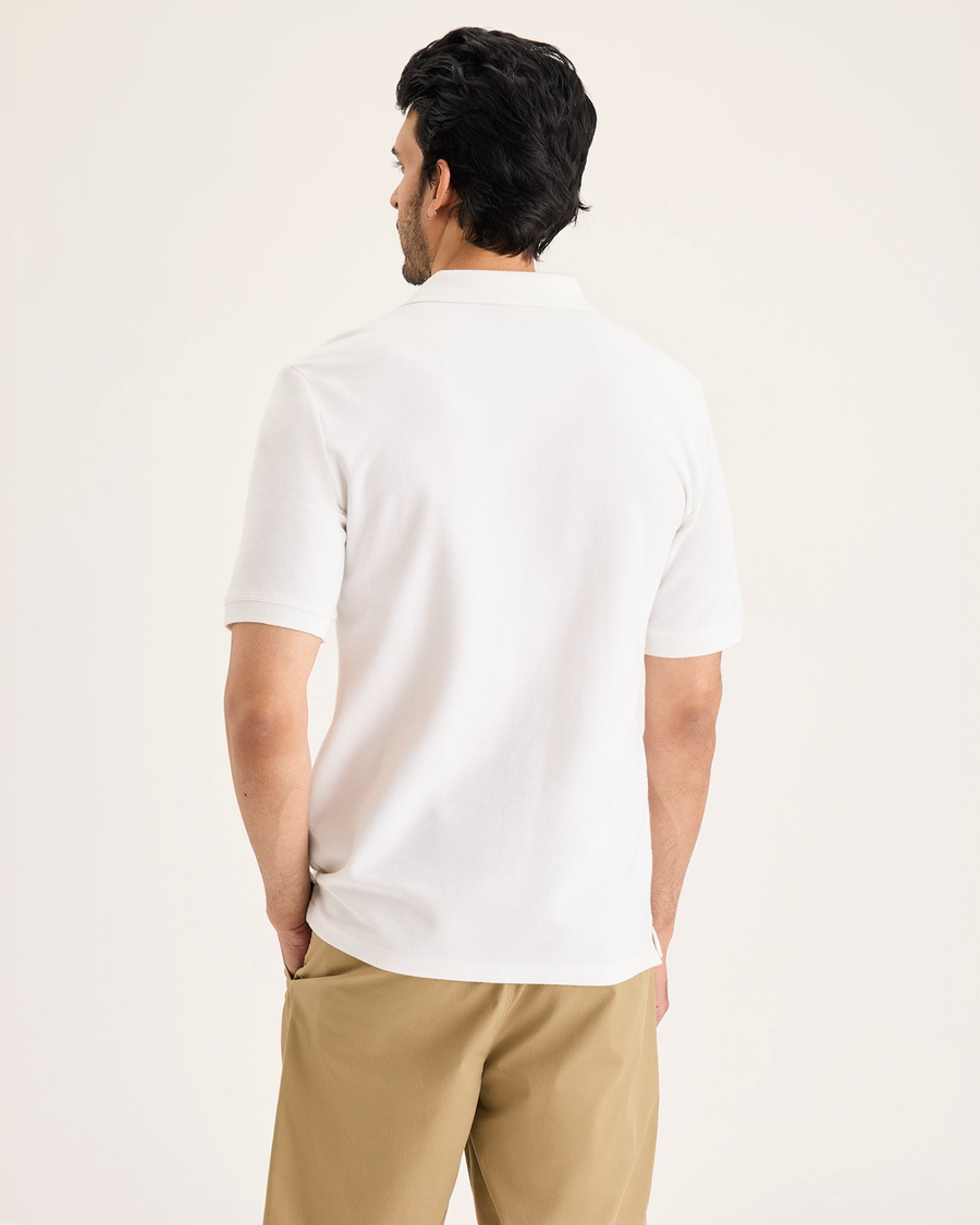 Back view of model wearing Lucent White Men's Slim Fit Original Polo Shirt.