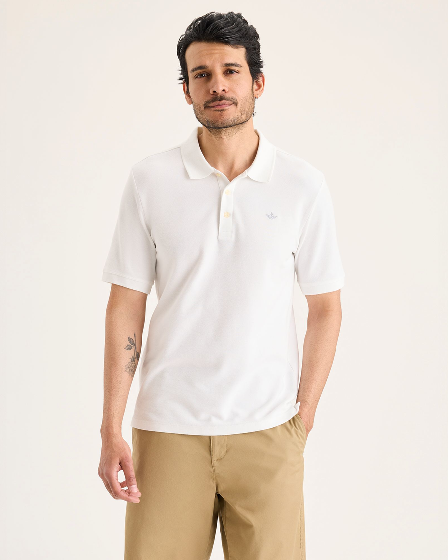 Front view of model wearing Lucent White Men's Slim Fit Original Polo Shirt.