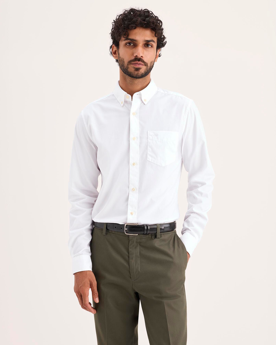 Front view of model wearing Lucent White Signature Shirt Long Sleeve with Stain Defender®, Slim Fit.