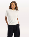 Front view of model wearing Lucent White Sweater Tee, Regular Fit.