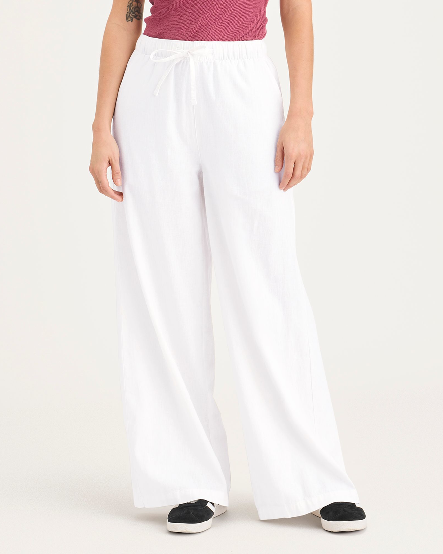 Front view of model wearing Lucent White Women's Drawstring Pants.