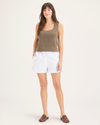 Front view of model wearing Lucent White Women's Drawstring Shorts.