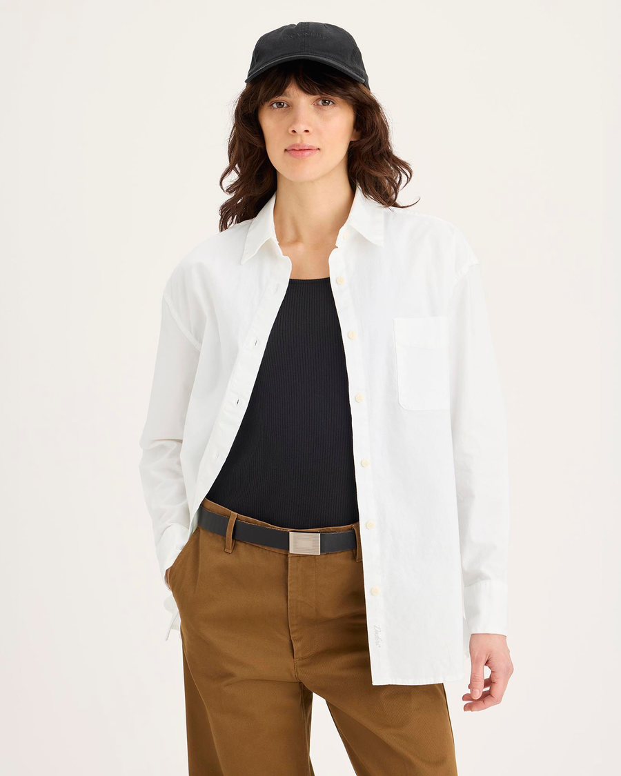 Front view of model wearing Lucent White Women's Shirt, Relaxed Fit.