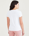 Back view of model wearing Lucent White Women's Slim Fit Graphic Tee Shirt.