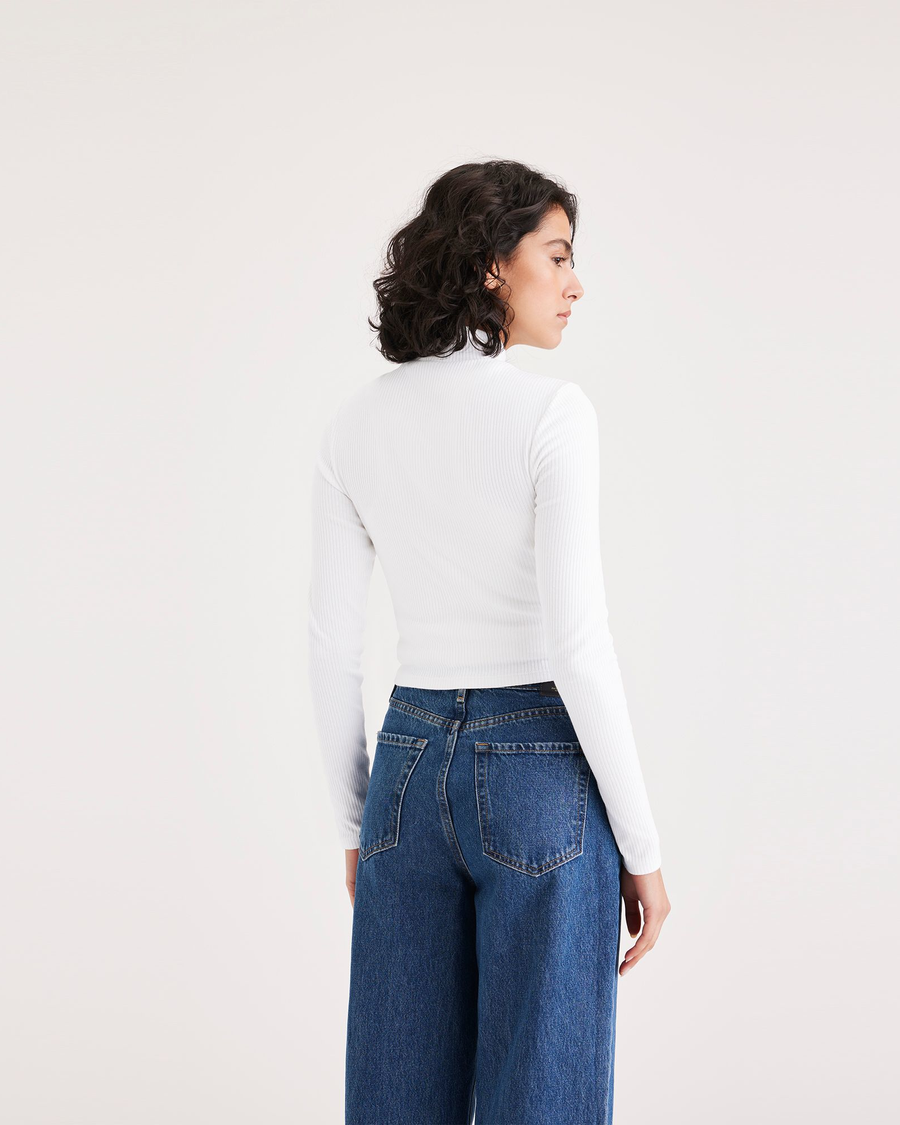 Back view of model wearing Lucent White Women's Slim Fit Mock Neck Crop Top.