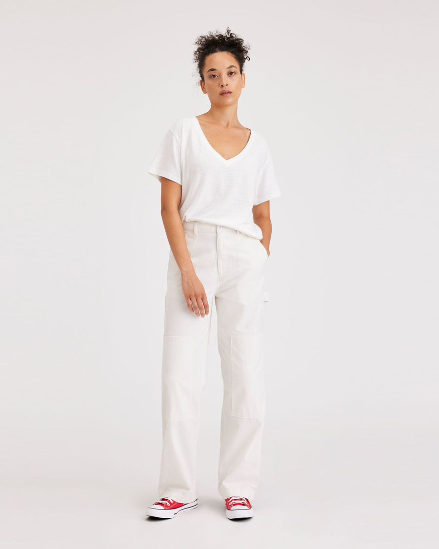 Front view of model wearing Lucent White Women's Straight Fit Carpenter Pants.