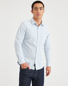 View of model wearing Lunar Cashmere Blue Men's Slim Fit Icon Button Up Shirt.