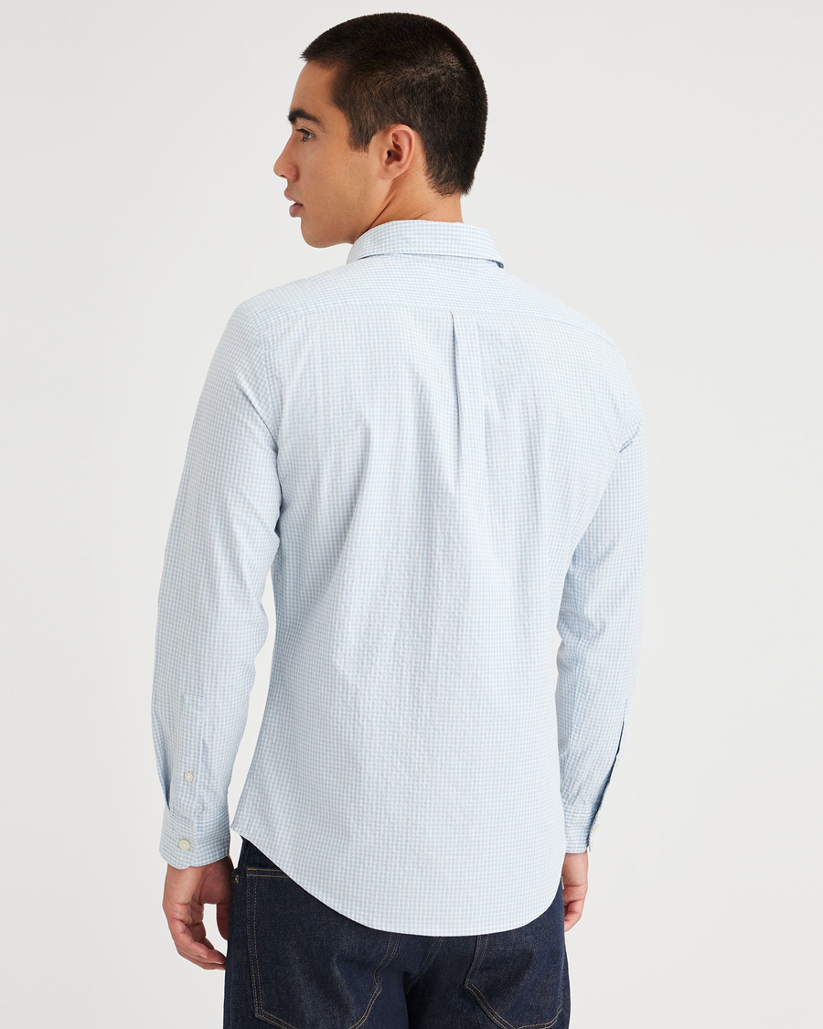 Back view of model wearing Lunar Cashmere Blue Men's Slim Fit Icon Button Up Shirt.