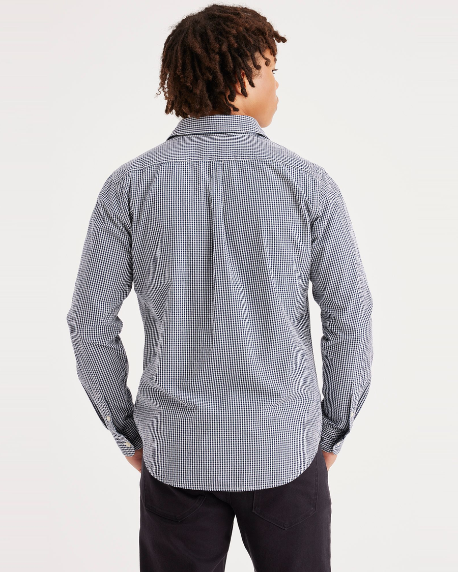 Back view of model wearing Lunar Navy Blazer Men's Slim Fit Icon Button Up Shirt.