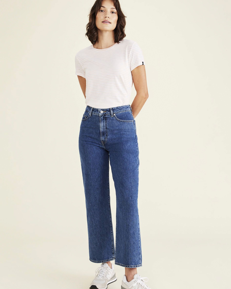 Front view of model wearing Medium Indigo Stonewash Women's Straight Fit High Jean Cut Pants.