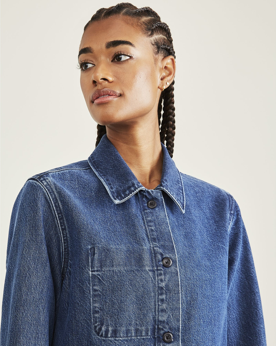 View of model wearing Medium Indigo Women's Regular Fit Chore Jacket.