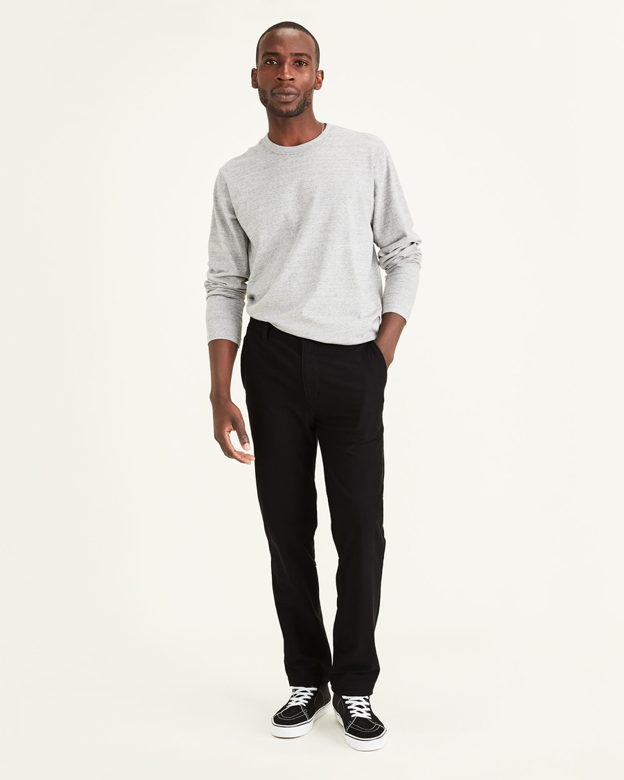 Front view of model wearing Mineral Black Men's Smart 360 Flex Comfort Knit Chino.